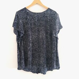 Tahari Women Blouse 3XL Navy Blue Button Back Flutter Sleeve Splatter Top Career
